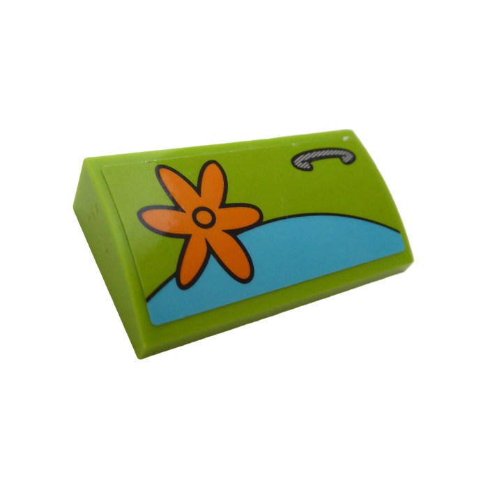 Lego Lime Slope X Curved With Door Handle And Orange Flower On The