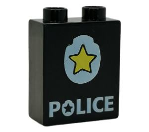 Duplo Black Brick 1 x 2 x 2 with Yellow Star on Police Badge without Bottom Tube (4066 / 45733)