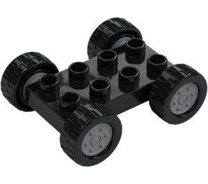 Duplo Black Car Base 2 x 4 with Black Tires and Silver Wheels (12591 / 12592)