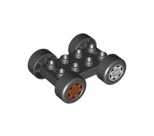 Duplo Black Plate 2 x 4 with Axle Holders with Dark Orange and Medium Stone Grey Wheels (88760 / 88784)