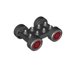 Duplo Black Plate 2 x 4 with Axle with Red Spokes and 'ROTELLI TIRES' and 'PASTA POTENZA' (88760 / 88784)