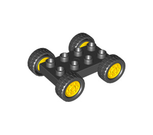 Duplo Black Plate 2 x 4 with Yellow Rims and Black Wheels (12592 / 42416)