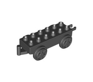 Duplo Musta Juna Carriage jossa Medium Stone Harmaa Pyörät ja Moveable Koukku (64668 / 73357)