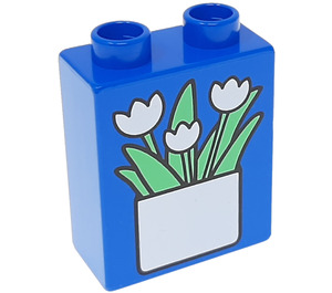 Duplo Blå Klods 1 x 2 x 2 med Blomster i Pot uden bundrør (4066 / 82171)