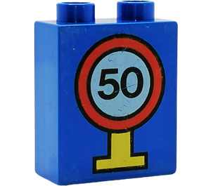 Duplo Blå Kloss 1 x 2 x 2 med Traffic Sign "50" utan bottenrör (4066)