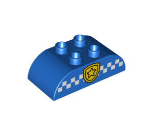 Duplo Blue Brick 2 x 4 with Curved Sides with Police badge and white squared strip (43504 / 98223)