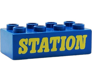 Duplo Blue Brick 2 x 4 with Station (Thick Yellow Letters) (3011)