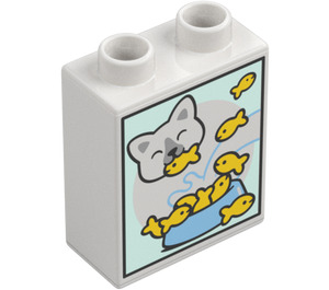 Duplo Brick 1 x 2 x 2 with Cat Eating Fish with Bottom Tube (15847 / 81375)