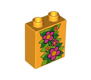 Duplo Steen 1 x 2 x 2 met Roze Bloemen zonder buis aan de onderzijde (4066 / 58662)