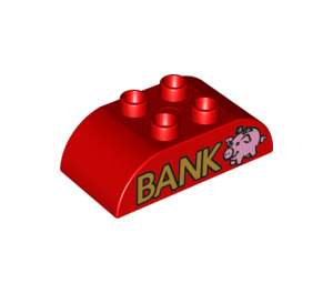 Duplo Brick 2 x 4 with Curved Sides with "BANK" and Pink Piggy Bank (15985 / 98223)