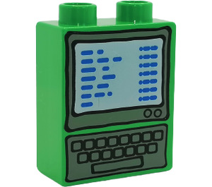 Duplo Bright Green Brick 1 x 2 x 2 with Computer Screen and Keyboard without Bottom Tube (4066)