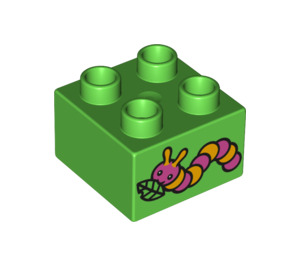 Duplo Bright Green Brick 2 x 2 with pink and yellow Caterpillar (3437 / 16121)