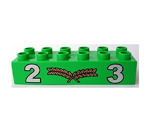 Duplo Bright Green Brick 2 x 6 with Numbers 2, 3 and Center Gold Laurels (2300 / 50463)