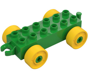 Duplo Fel groen Auto Chassis 2 x 6 met Geel Wielen (trekhaak) (10715 / 14639)