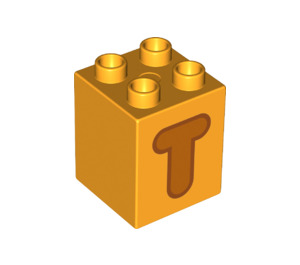 Duplo Bright Light Orange Brick 2 x 2 x 2 with Letter "T" Decoration (31110 / 65943)