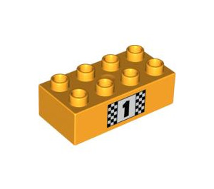 Duplo Bright Light Orange Brick 2 x 4 with 1 on Checkered Flag (3011 / 95385)
