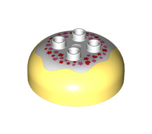Duplo Bright Light Yellow Round Brick 4 x 4 with Dome Top with Red and Pink Hearts and Stars (98220 / 99046)