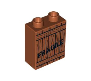 Duplo Dark Orange Brick 1 x 2 x 2 with Wooden Crate "Fragile" without Bottom Tube (47719 / 53469)