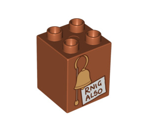 Duplo Dark Orange Brick 2 x 2 x 2 with 'RNIG ALSO' sign and belll (31110 / 93634)