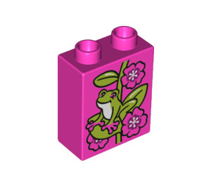 Duplo Dark Pink Brick 1 x 2 x 2 with Flowers and Frog with Bottom Tube (15847 / 24983)