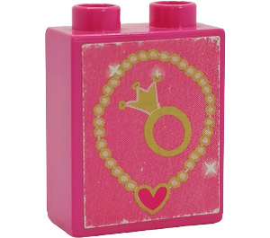 Duplo Dark Pink Brick 1 x 2 x 2 with Necklace and Ring Sticker without Bottom Tube (4066)