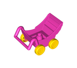 Duplo Mörkrosa Pram med mindre gula hjul (88206 / 92937)