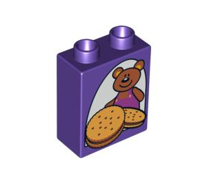 Duplo Dark Purple Brick 1 x 2 x 2 with Teddy Bear with Biscuits without Bottom Tube (4066 / 61250)