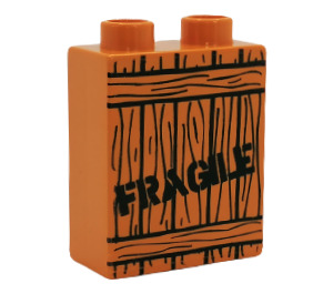 Duplo Earth Orange Brick 1 x 2 x 2 with Wooden Crate "Fragile" without Bottom Tube (47719 / 53469)