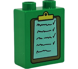 Duplo Green Brick 1 x 2 x 2 with List on Clipboard without Bottom Tube (4066 / 41375)