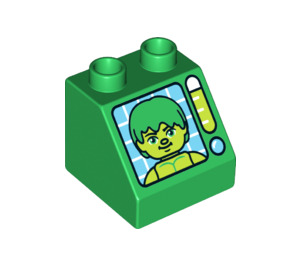 Duplo Groen Helling 2 x 2 x 1.5 (45°) met Groen Figuur aan Monitor (6474 / 36625)