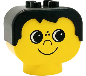 Duplo head with black hair and freckles, looking left