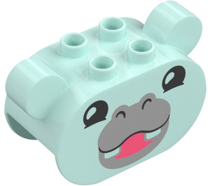 Duplo Light Aqua Brick 2 x 4 x 2.5 Curved with Ears and Hippo (84809)