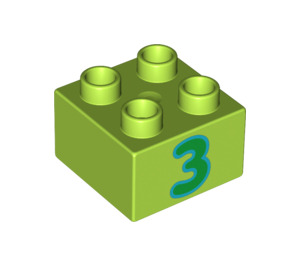 Duplo Lime Brick 2 x 2 with Green '3' (3437 / 15962)