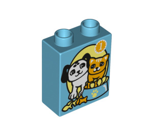 Duplo Medium Azure Brick 1 x 2 x 2 with Dog and Cat with Food Bowl and "1" without Bottom Tube (4066 / 16117)