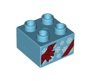 Duplo Medium Azure Brick 2 x 2 with Present with Red Ribbon and Bow (1366 / 3437)