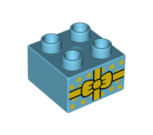 Duplo Medium Azure Brick 2 x 2 with Yellow Bow present (3437 / 21045)