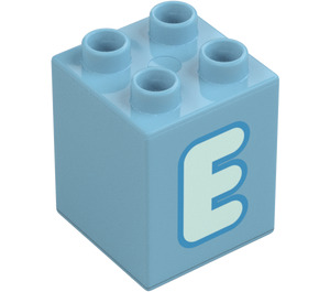 Duplo Medium azuurblauw Steen 2 x 2 x 2 met Letter "E" Decoratie (31110 / 65972)