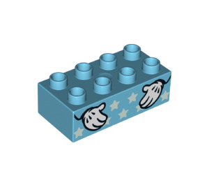 Duplo Medium Azure Brick 2 x 4 with White Stars and Mickey Mouse Hands (3011 / 44128)
