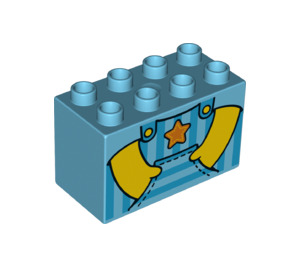 Duplo Medium Azure Brick 2 x 4 x 2 with overalls with gold star (31111 / 37374)