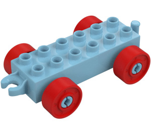 Duplo Asuurinsininen Auto Alusta 2 x 6 jossa Punainen Pyörät (Avoin vetokoukku) (14639 / 74656)