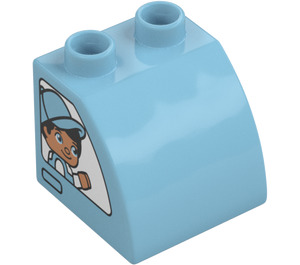 Duplo Medium Azure Slope 45° 2 x 2 x 1.5 with Curved Side with Boy with cap in window (11170 / 65979)