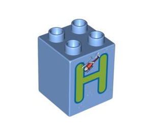 Duplo Medium Blue Brick 2 x 2 x 2 with H for hellicopter (31110 / 92998)