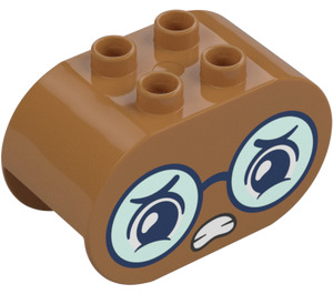 Duplo Medium Dark Flesh Brick 2 x 4 x 2 with Rounded Ends with Angry Glasses Face (6448 / 105455)