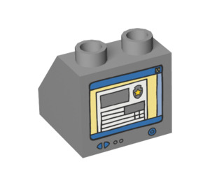 Duplo Medium Stone Gray Slope 2 x 2 x 1.5 (45°) with Computer Screen and Police Badge (6474 / 48261)