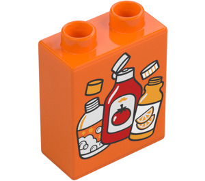 Duplo Orange Brick 1 x 2 x 2 with Bottles, Tomato Sauce with Bottom Tube (15847 / 104505)