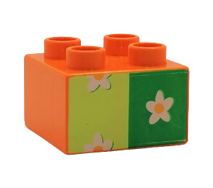 Duplo Orange Backstein 2 x 2 mit Weiß Blume auf green (3437 / 31460)