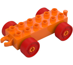 Duplo Orange Car Chassis 2 x 6 with Red Wheels (Open Hitch) (14639 / 74656)