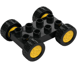 Duplo Plate 2 x 4 with Yellow Rims and Black Wheels (12592 / 42416)