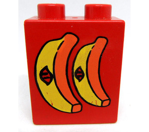 Duplo Red Brick 1 x 2 x 2 with Bananas with Stickers without Bottom Tube (4066)