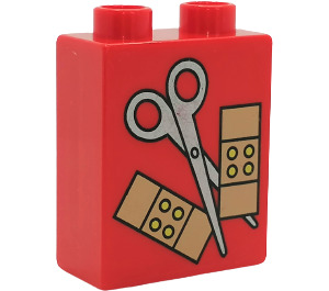 Duplo Red Brick 1 x 2 x 2 with Bandages and Scissors without Bottom Tube (4066)